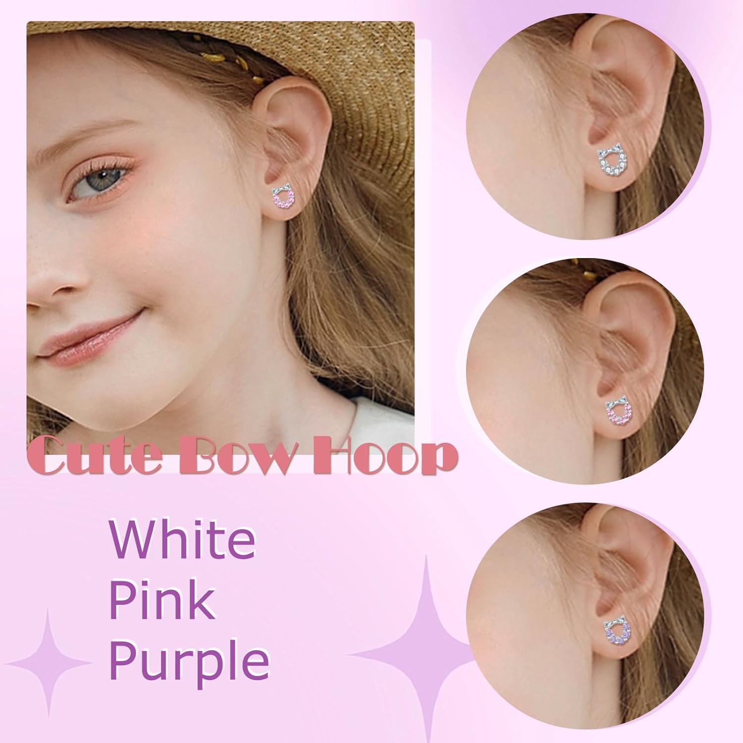 Detalle de Zolkamery Earrings Studs in 925 Sterling Silver – Star Heart Bow Infinity with Pink Zirconia