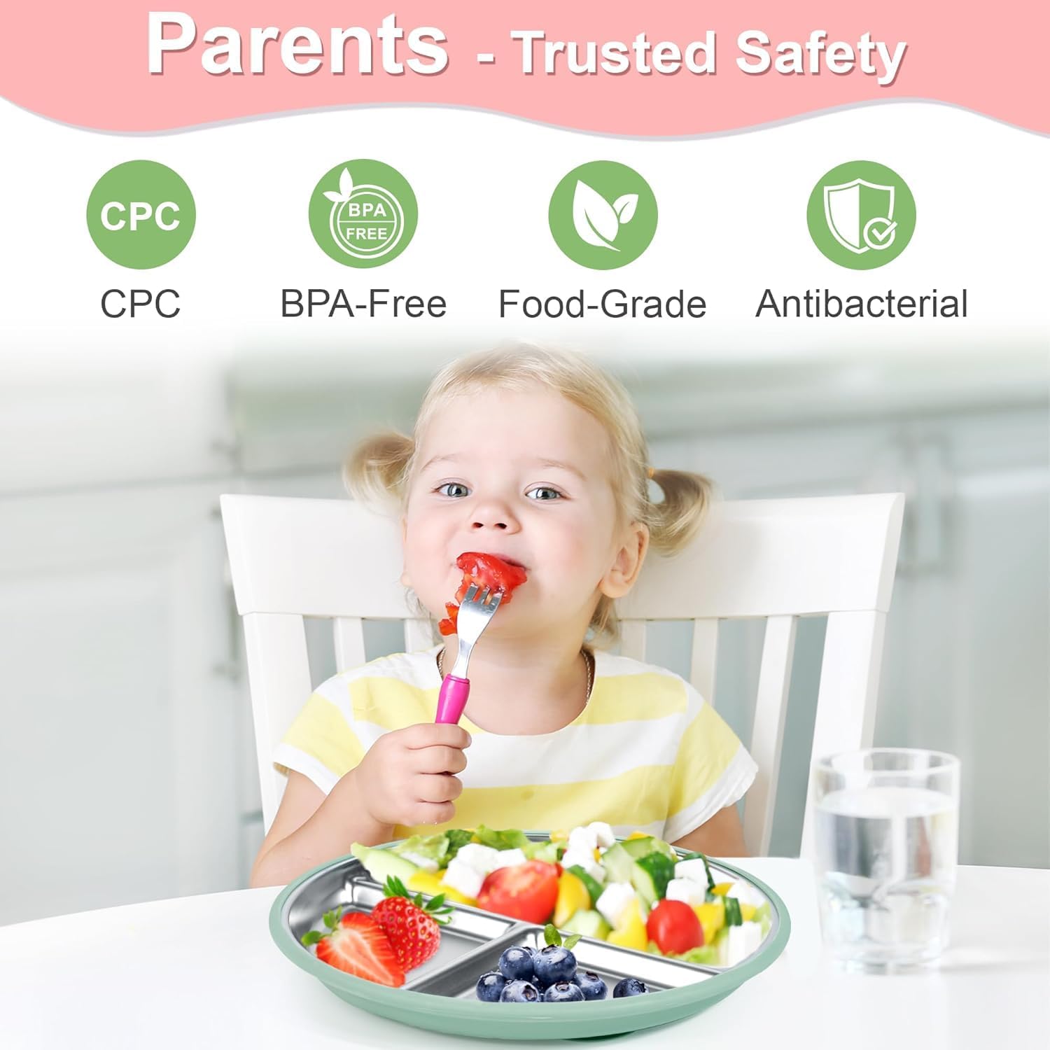 Detalle 1 de Bella's Friends Life TB08 8-Inch Divided Stainless Steel Baby Plates, 3-Pack