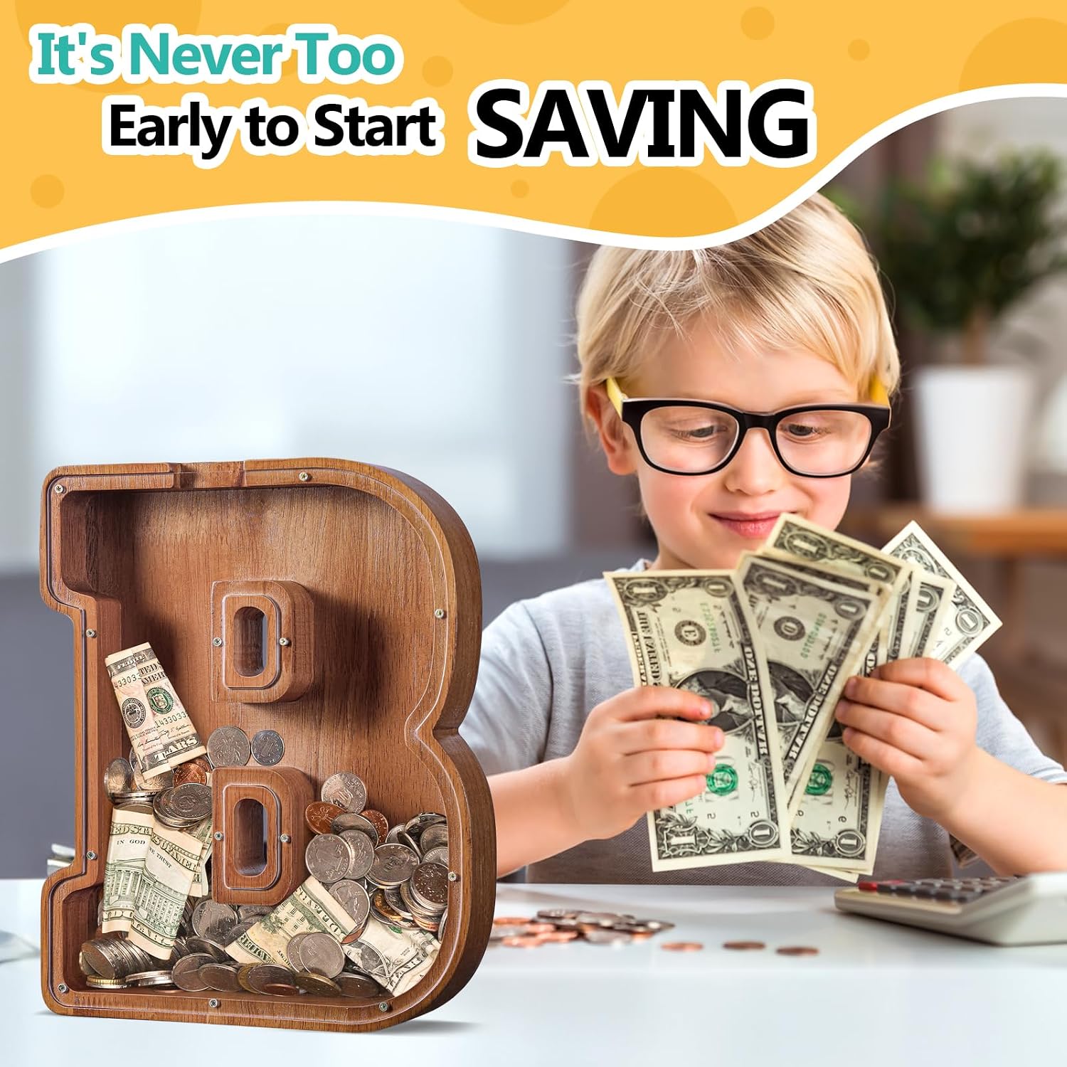 Thumbnail 1 de Summidate Large Wooden Piggy Bank with Personalized Initials and Laser-Engraved Name