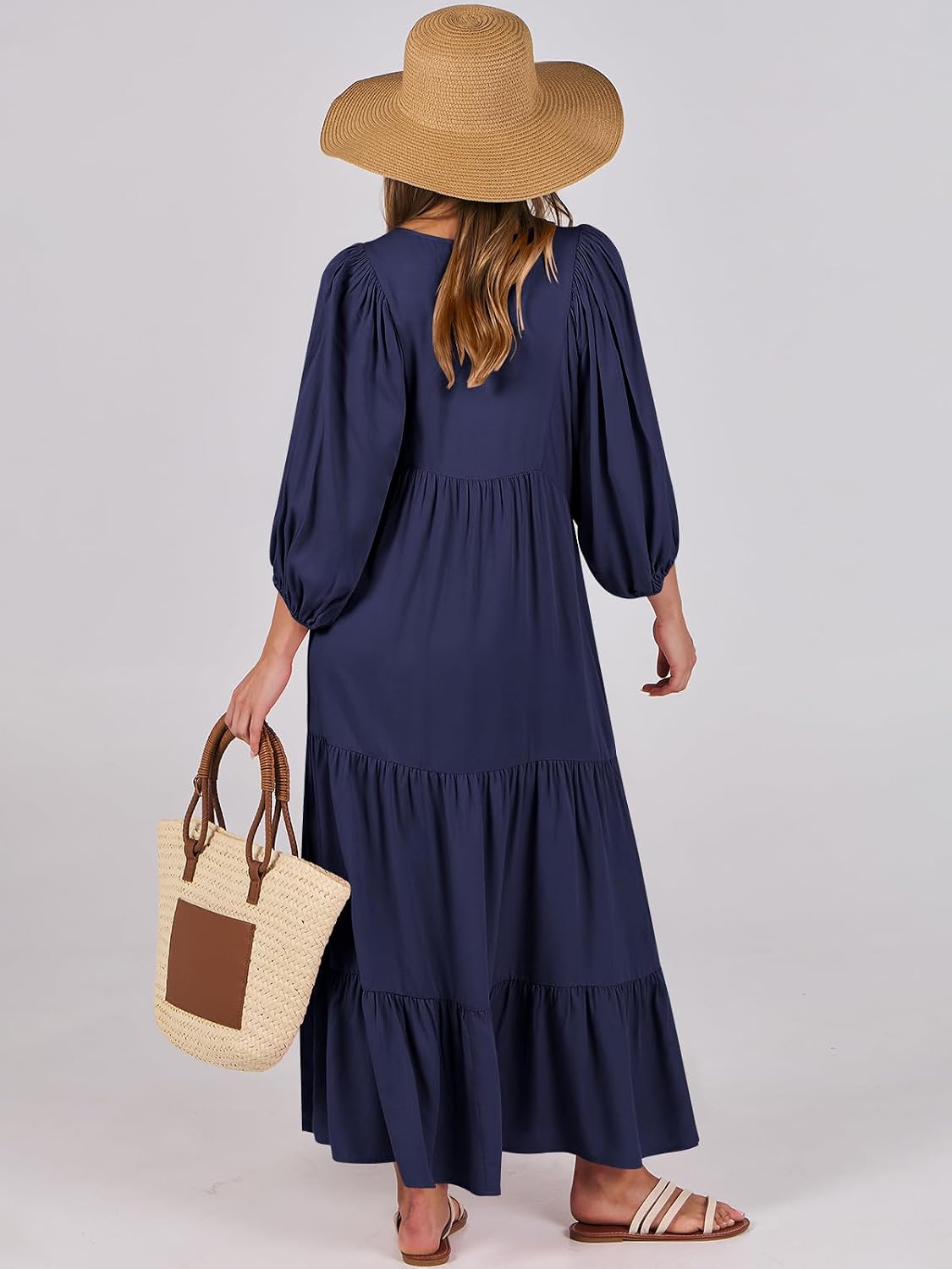 Detalle de ANRABESS Womens Boho Maxi Dress: 2026 Summer Floral V-Neck, Puff Sleeve, Tiered Swing