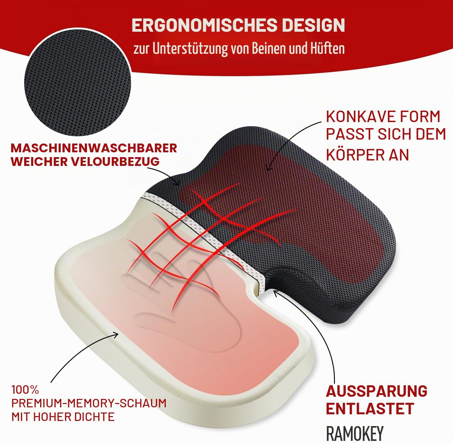 Detalle de Sitzkissen Orthopädisch – Memory Foam für langes Sitzen, Hämorrhoiden/Steißbein Entlastung, 46 x 34,8 x 6,9 cm