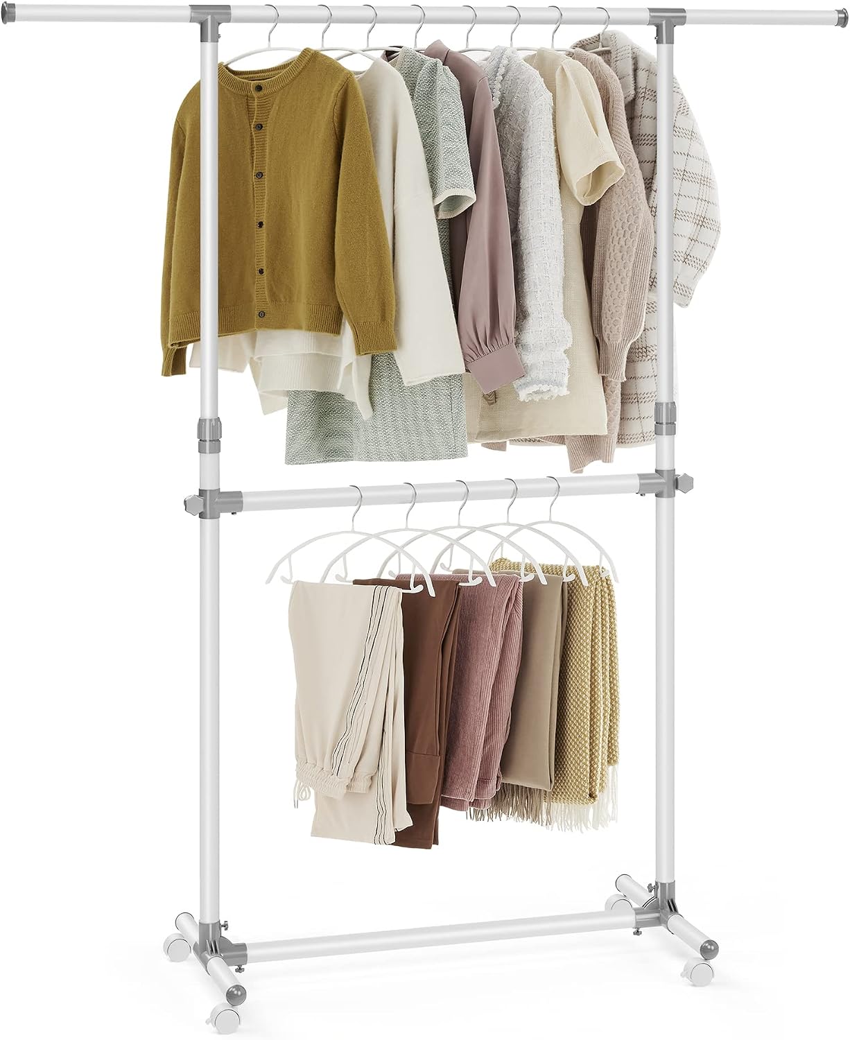 Detalle de SONGMICS Double Clothes Rail LLR401W01 review: practical, mobile garment storage with extendable top rail