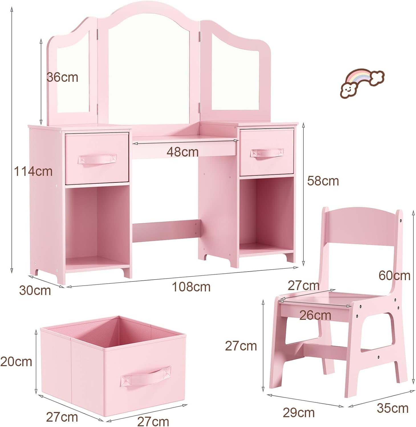 Detalle 2 de Clevich Kids Vanity Table and Chair Set 2-in-1 | Pink, with Removable Mirror & Stool