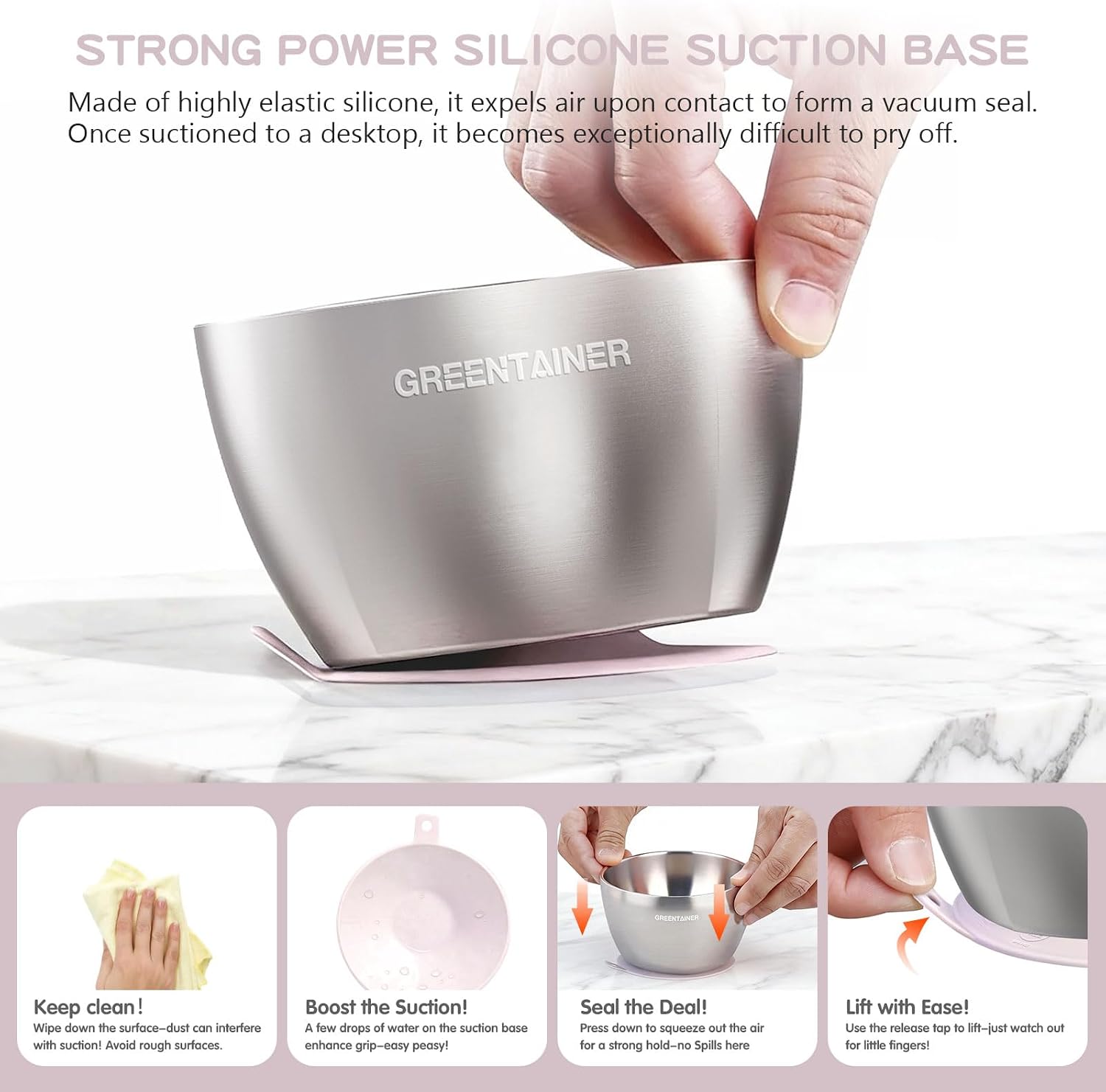 Detalle de Greentainer 304 Stainless Steel Baby Bowl Set (Pink) – Double-wall insulated toddler bowls with removable silicone suction base
