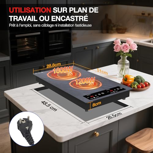 Detalle 2 de GTKZW Plaque Induction 2 Feux 3000W – Modèle portable encastrable ou libre avec 9 niveaux et minuterie