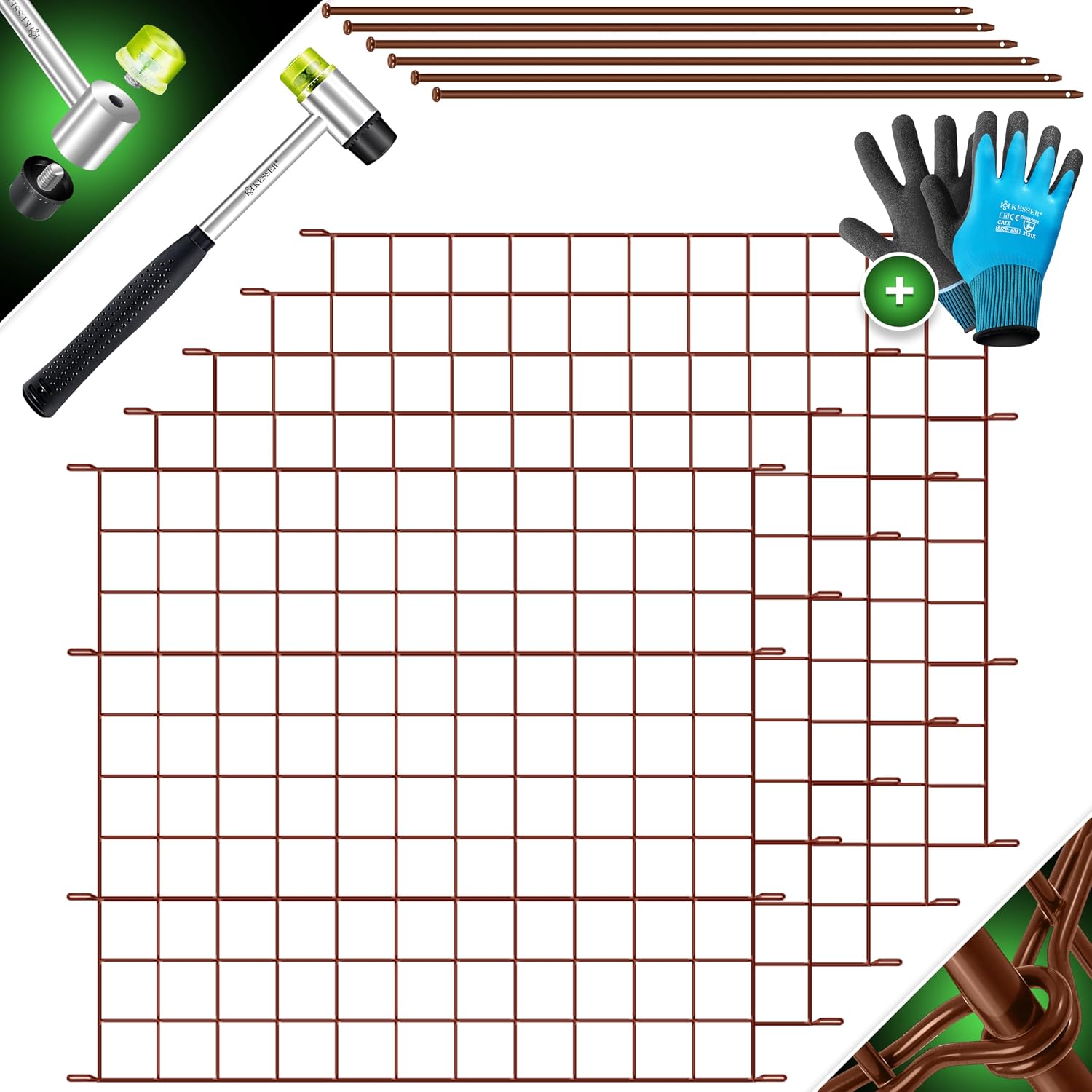 KESSER Teichzaun Steckzaun Metall Komplettset (inkl. Handschuhe, Hammer & 6 Befestigungsstäben)