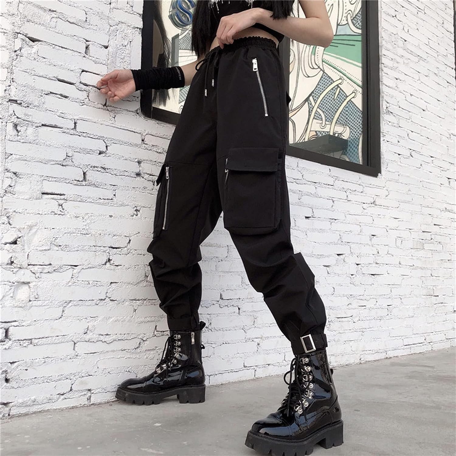 Detalle de MEINVQIAOTI Black Cargo Pants for Women with Chains, Pockets and Zippers