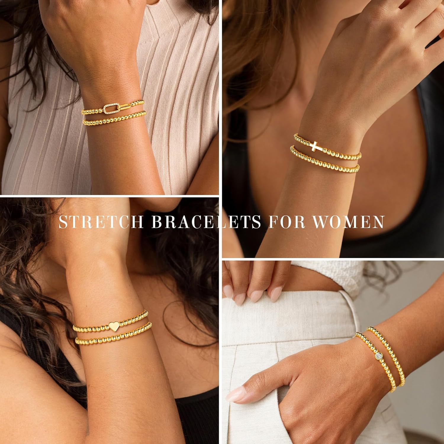 Detalle de TINGN 2er Gold Armkettchen-Set – 14K Vergoldete Herz/Kreuz CZ-Armbänder, elastisch, Handgefertigte Perlenanhänger