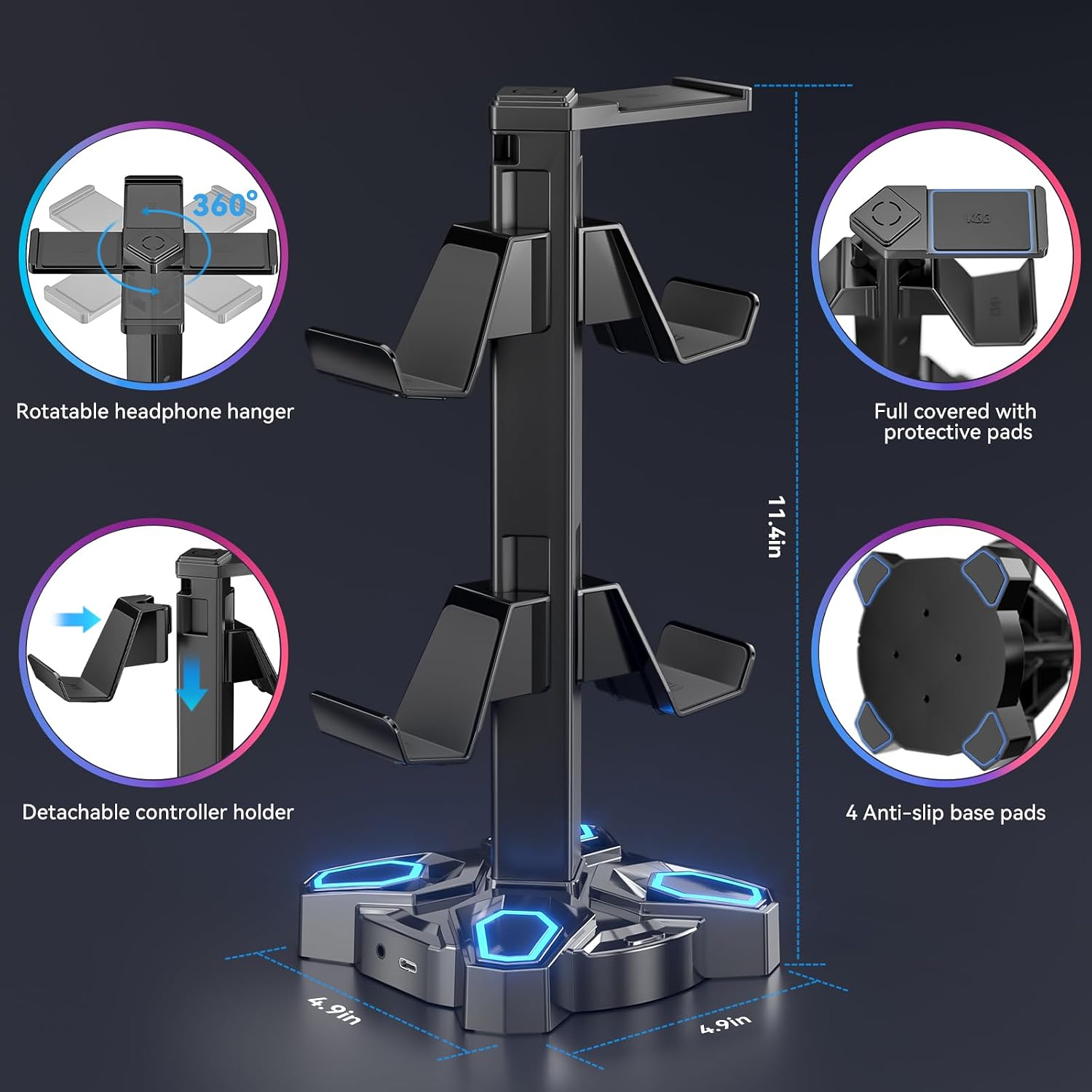 Detalle de KDD Gaming Headphones Stand with Rotatable Headset Holder, 9 Lighting Modes & 2 USB Ports