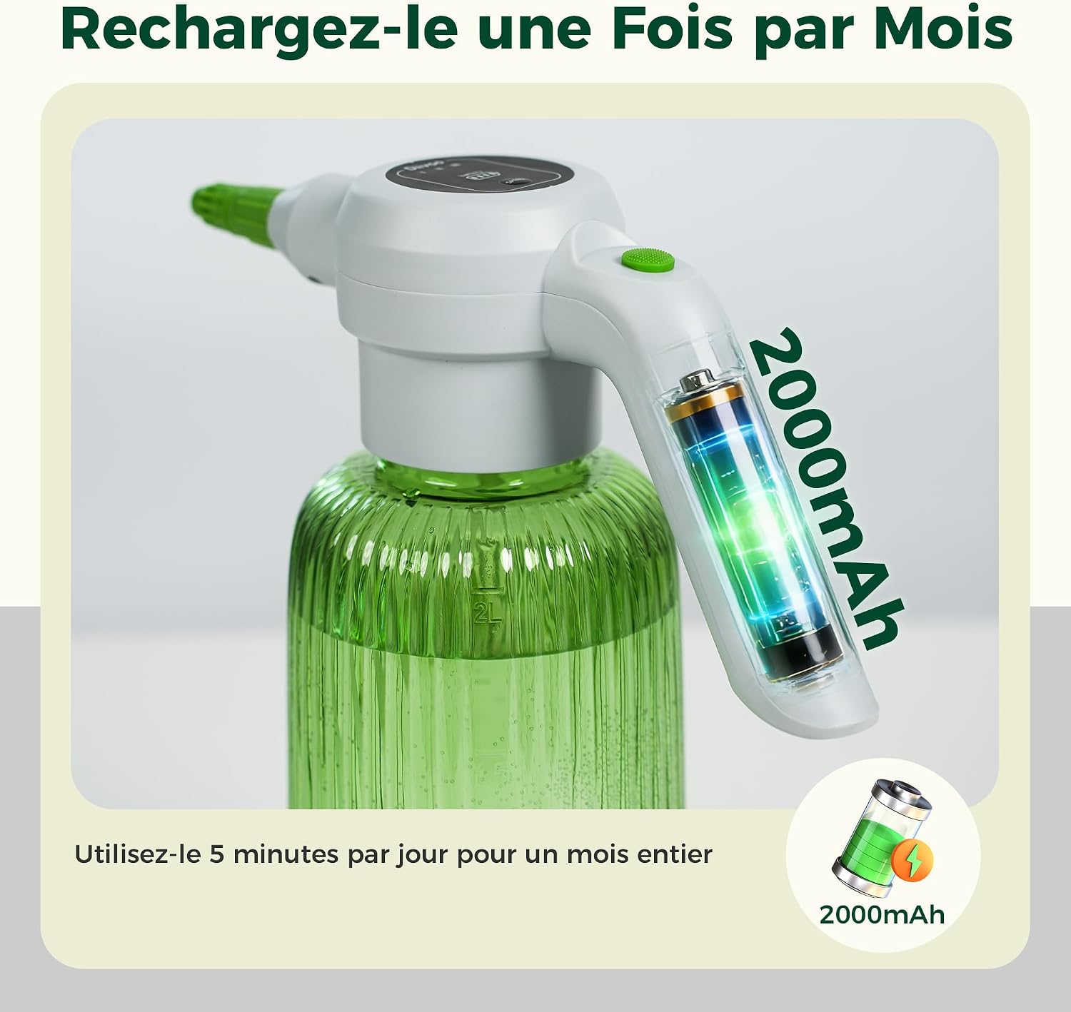 Thumbnail 2 de Diivoo Pulvérisateur Électrique 2L — 3 Vitesses & 2 Modes (Brouillard et Jet) + Réservoir Transparent