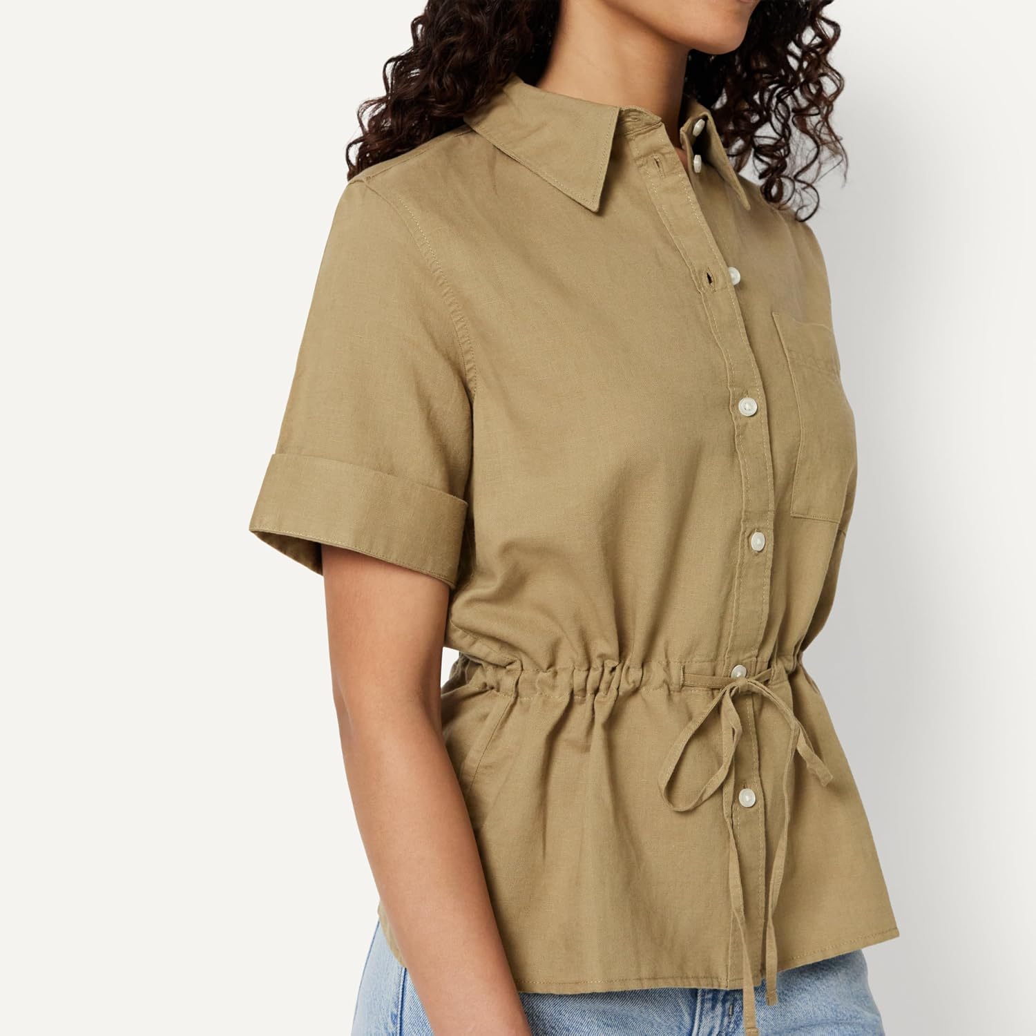 Detalle de Amazon Essentials Women's Relaxed-Fit Linen Blend Wide-Sleeve Shirt with Adjustable Waist