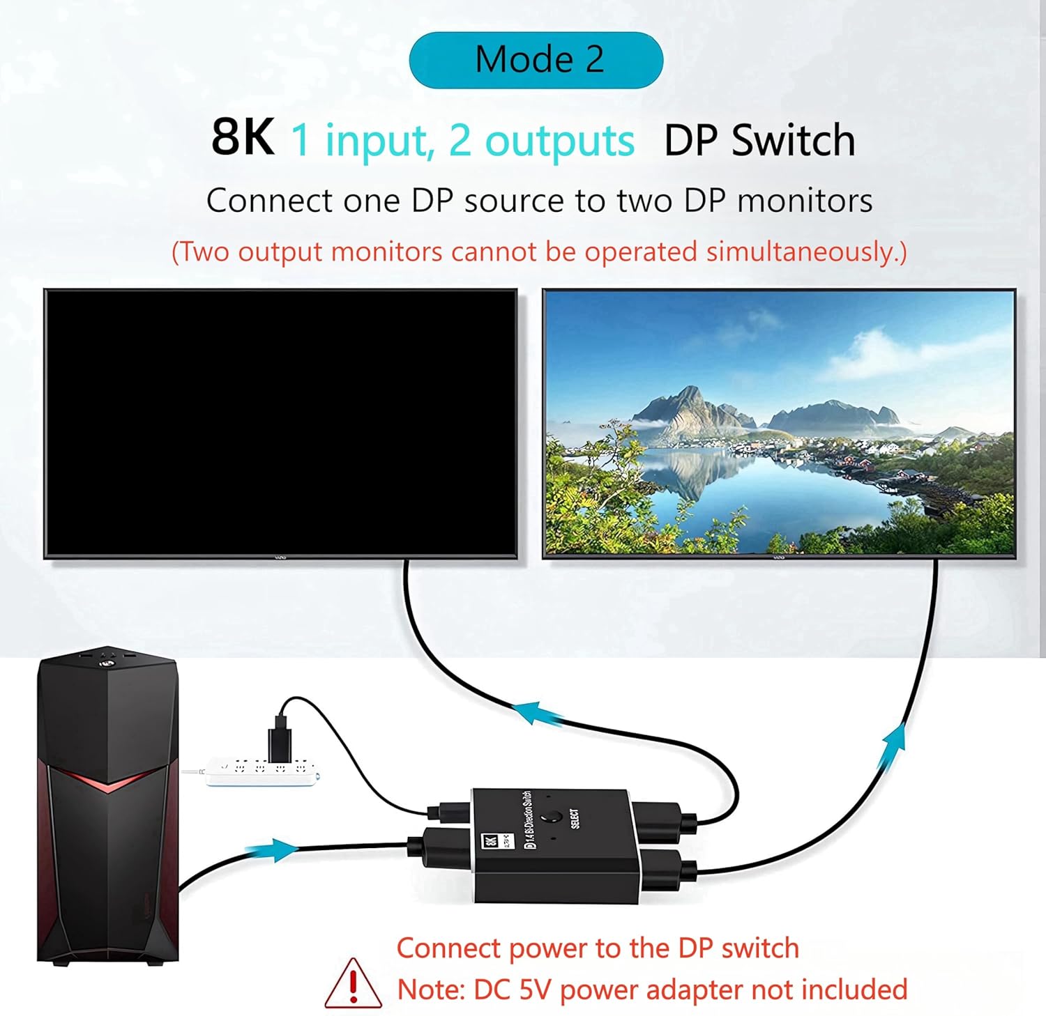Thumbnail 3 de DisplayPort Switch 8K Bi-directional DP Switcher (1 in 2 out / 2 in 1 out) DP 1.4 8K@60Hz, USB-powered – Black