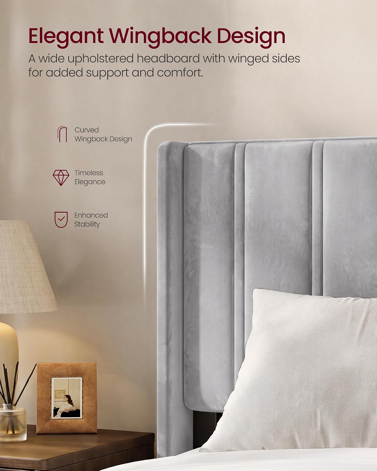 Thumbnail 6 de VASAGLE URMB681G101 Queen Bed Frame, Velvet Wingback Headboard, Dove Gray