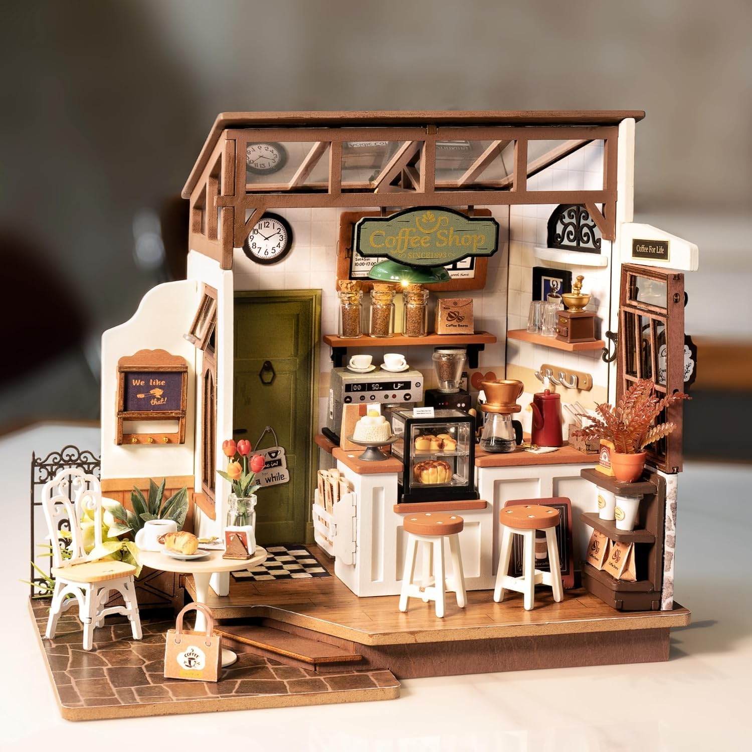 ROWOOD Miniatura Casa Delle Bambola Caffè – Fai Da Te in Legno con Luci LED