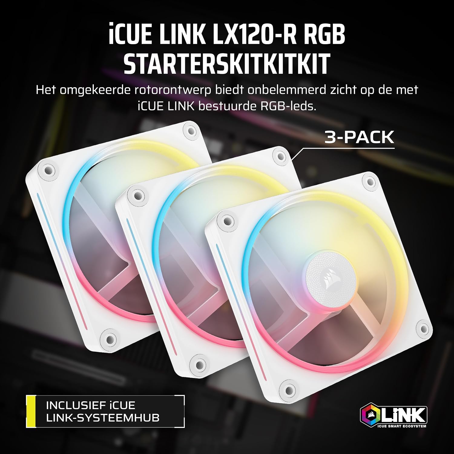 Detalle de CORSAIR iCUE LINK LX120-R RGB CO-9051054-WW ventilatoren, wit, set van drie