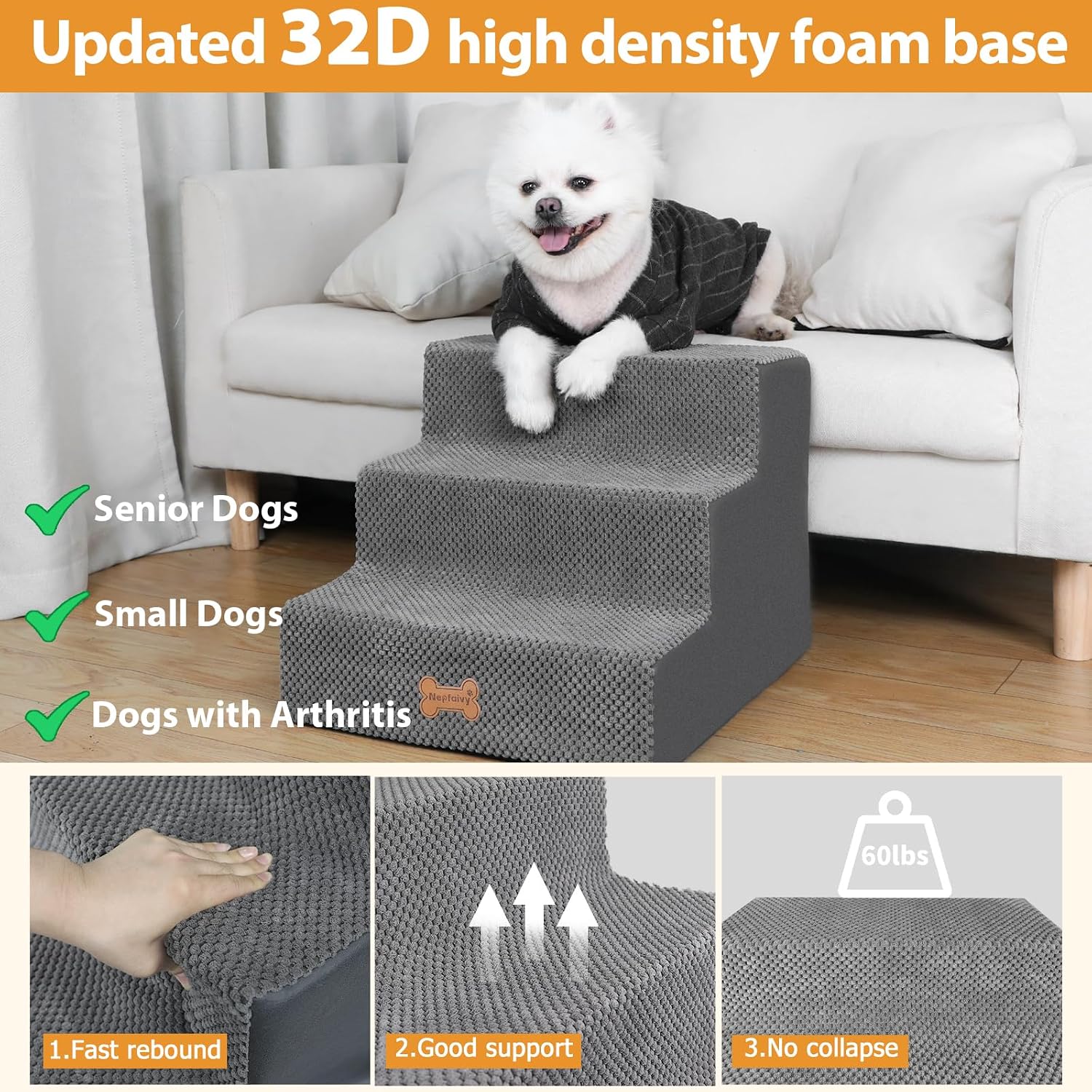 Detalle 2 de Nepfaivy Dog Steps 3-step foam stairs 45×40×34 cm