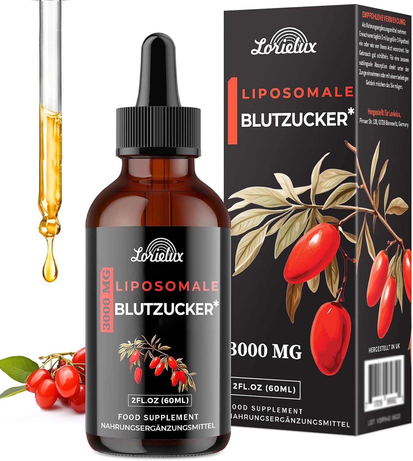 Detalle de Liposomale Berberin Tropfen (3.000 mg) zur Blutzucker-Unterstützung mit Grüntee, Ceylon-Zimt & Ingwerwurzel – 60 ml