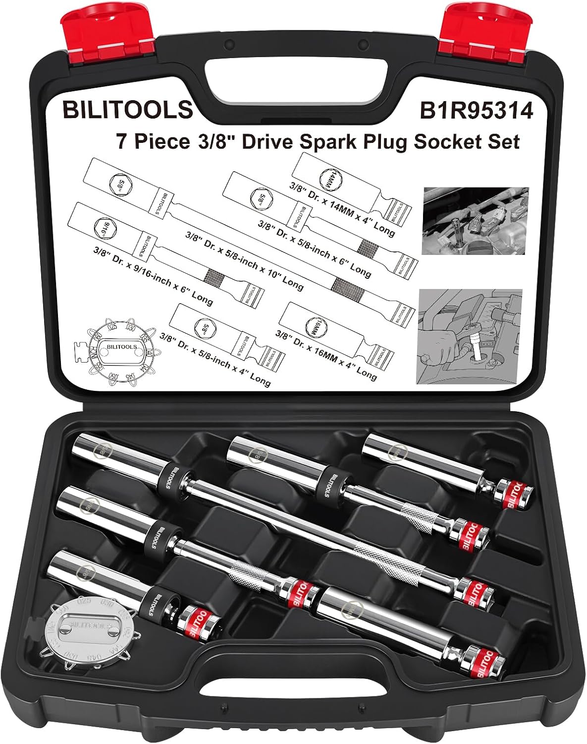 Detalle de BILITOOLS B1R95314 7-Piece Magnetic Swivel Spark Plug Socket Set, 3/8-Inch Drive