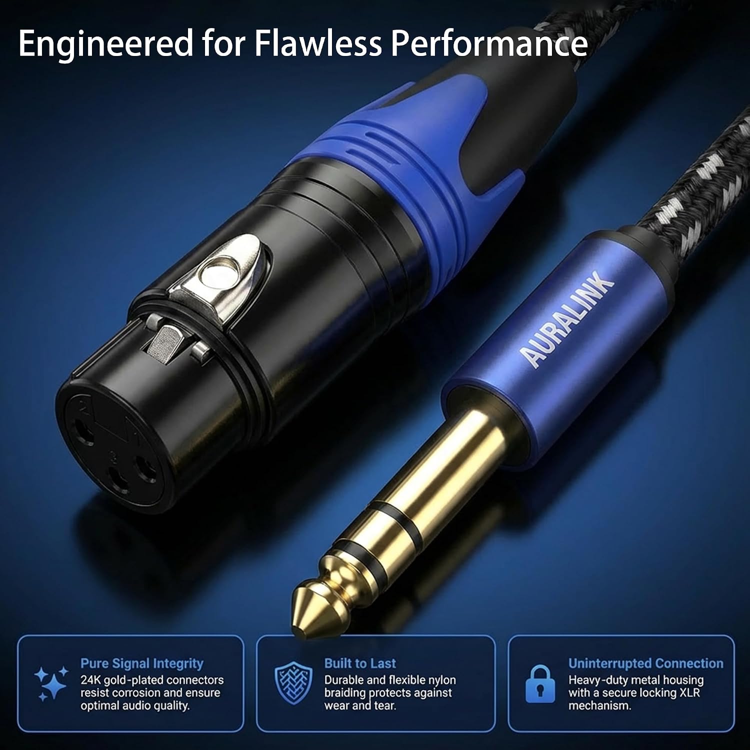 Detalle de AURALINK XLR Female to 1/4 Inch TRS Cable (6.35mm) – Braided, Balanced Microphone Cable, 1m