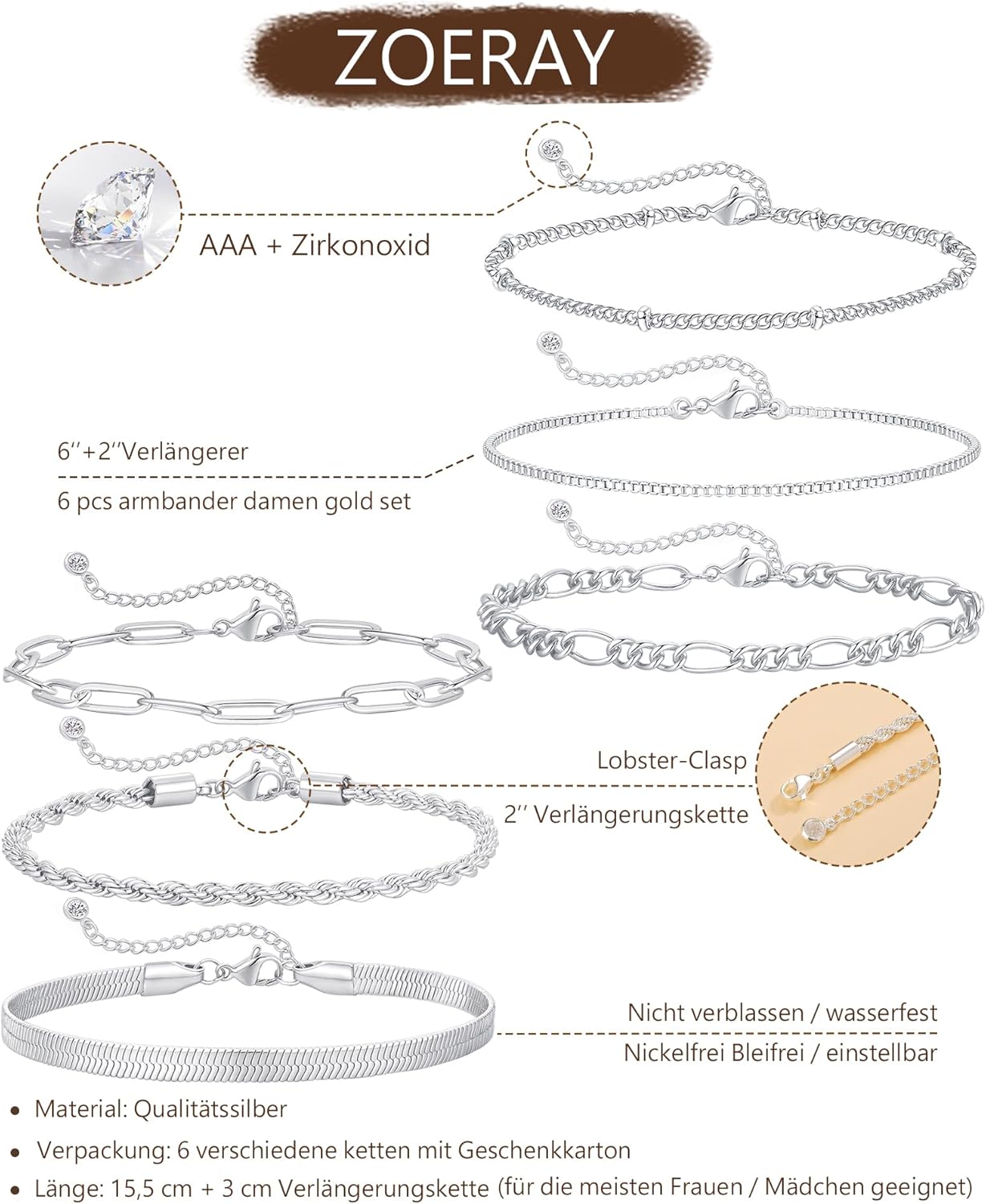 Thumbnail 4 de ZOERAY Armband Damen Gold Silber Set – Wasserfest, 18K vergoldet, verstellbar, vielseitig stapelbar