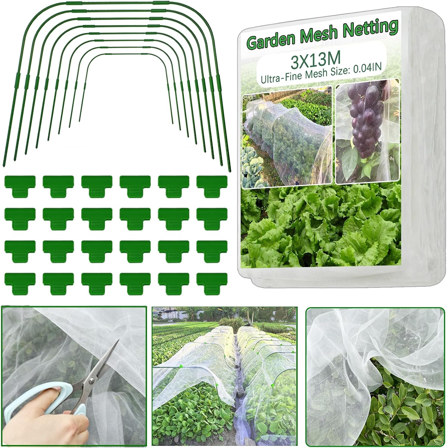 Detalle de Garden Mesh Netting Kit: 3x13M Fine Mesh Net with 8 Garden Hoops and 24 Clips for Pest Protection