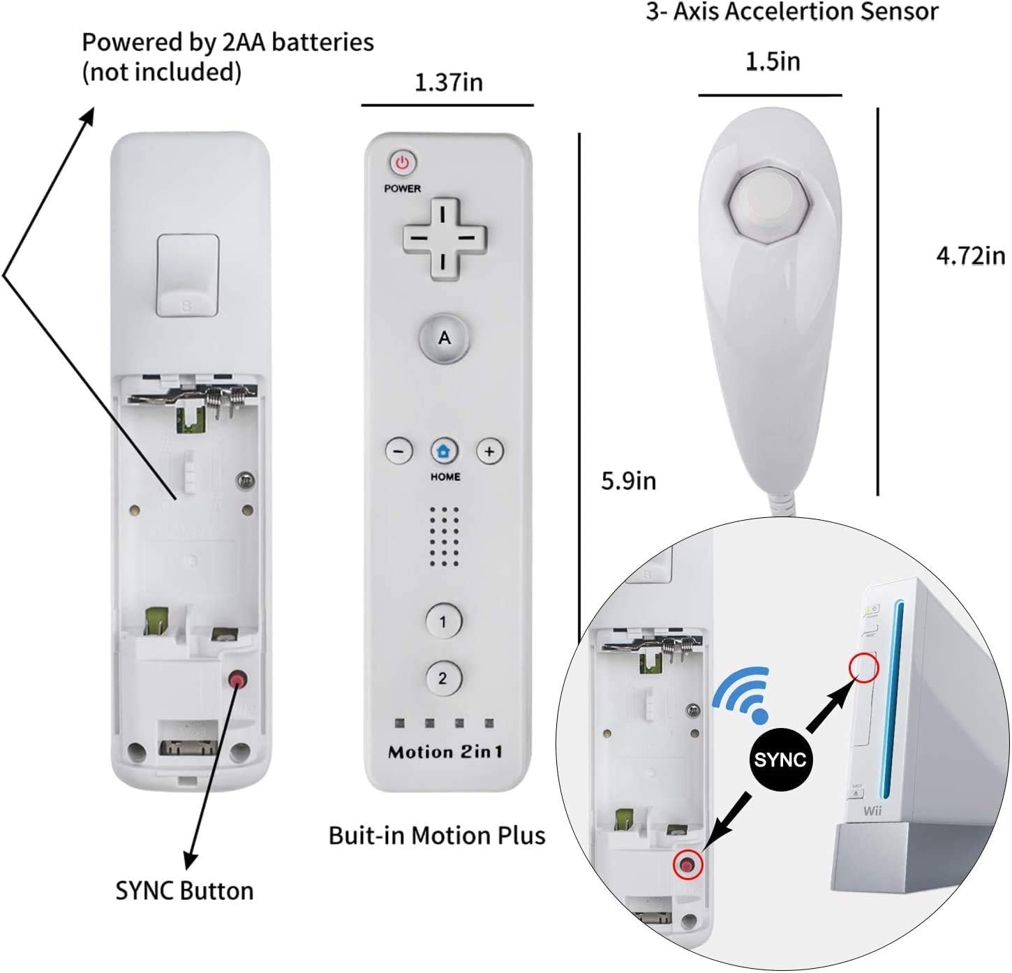 Detalle de TechKen TK105 Wii Remote Controllers, 2-Pack with MotionPlus and Nunchucks