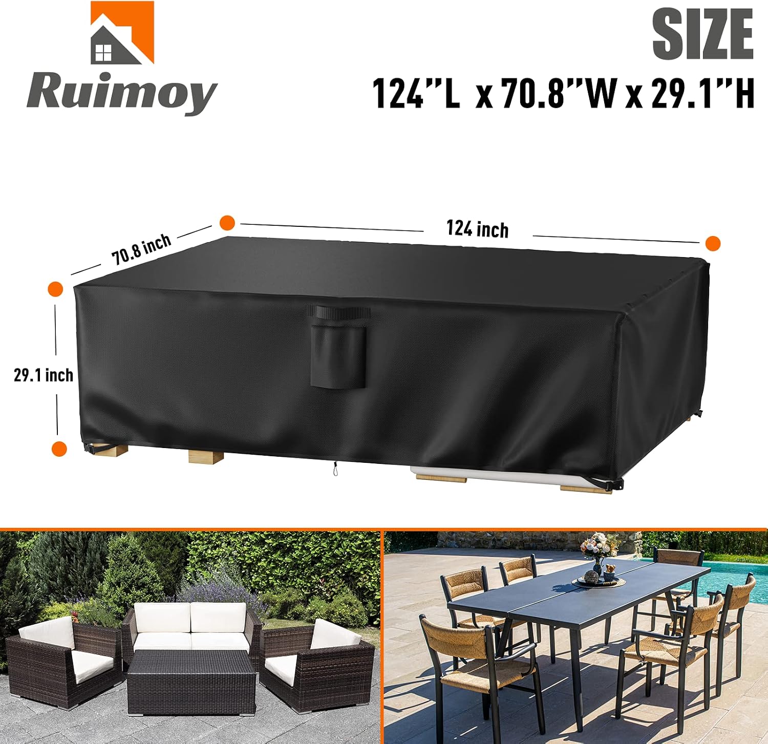 Detalle de Ruimoy 124 Patio Furniture Cover, Waterproof 600D Polyester, 124 x 71 in