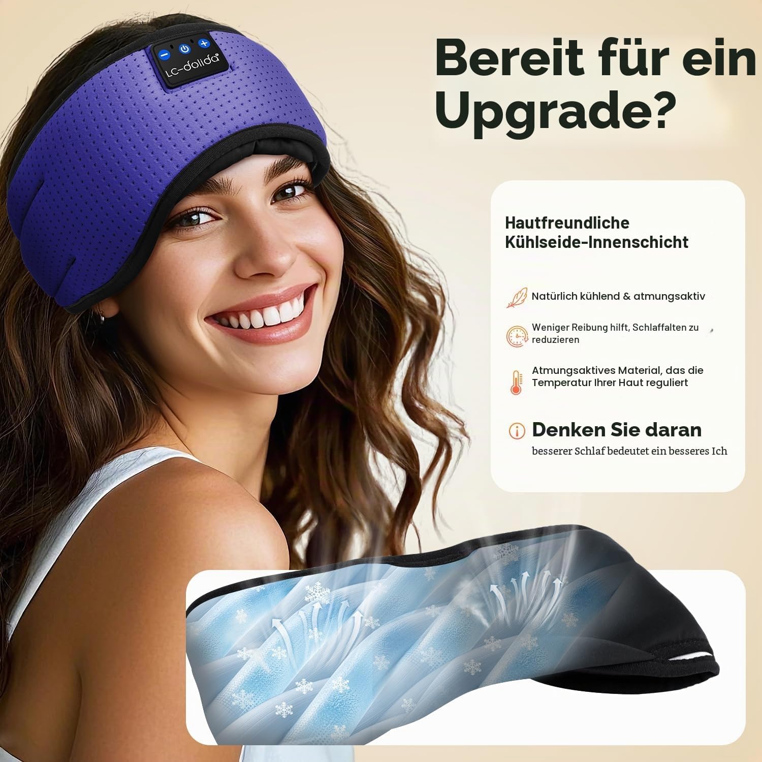 Detalle de LC-dolida Schlafmaske mit Kopfhörer Bluetooth V5.4 – atmungsaktiv, kühlend und flexibel einsetzbar