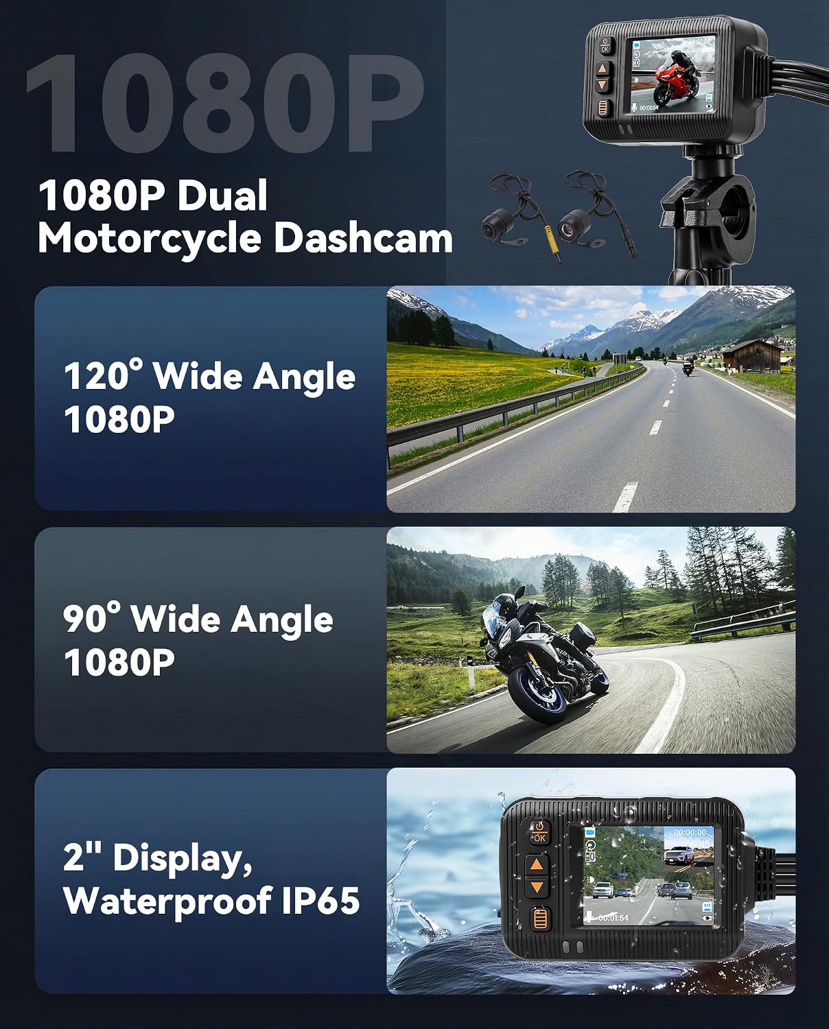 Detalle de SIXWIN 1080P Dashcam Moto Anteriore e Posteriore: doppia registrazione, IP67 e viewing split da 2