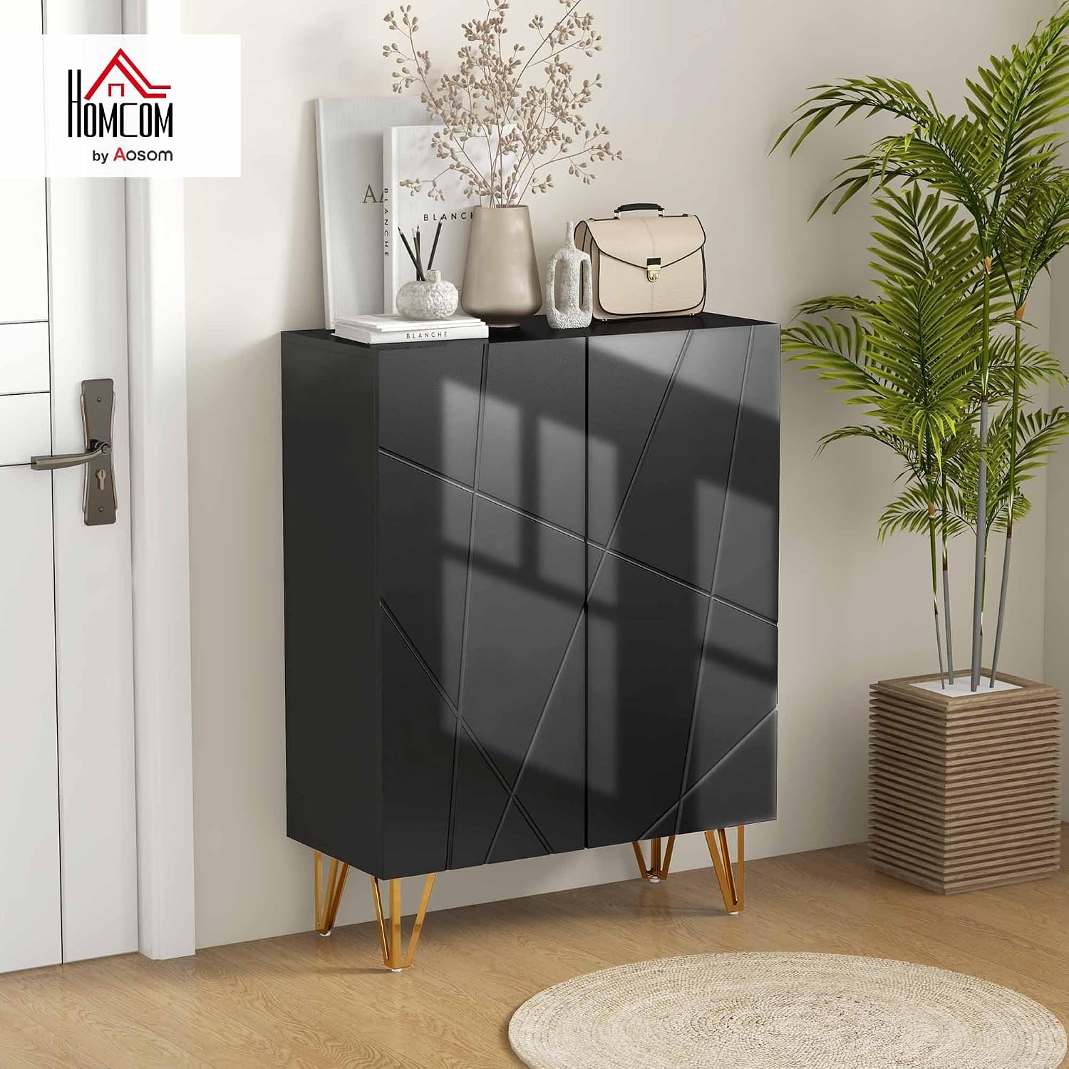 Detalle 2 de HOMCOM 837-469V80BK Shoe Cabinet, High-Gloss Black, Adjustable Shelves