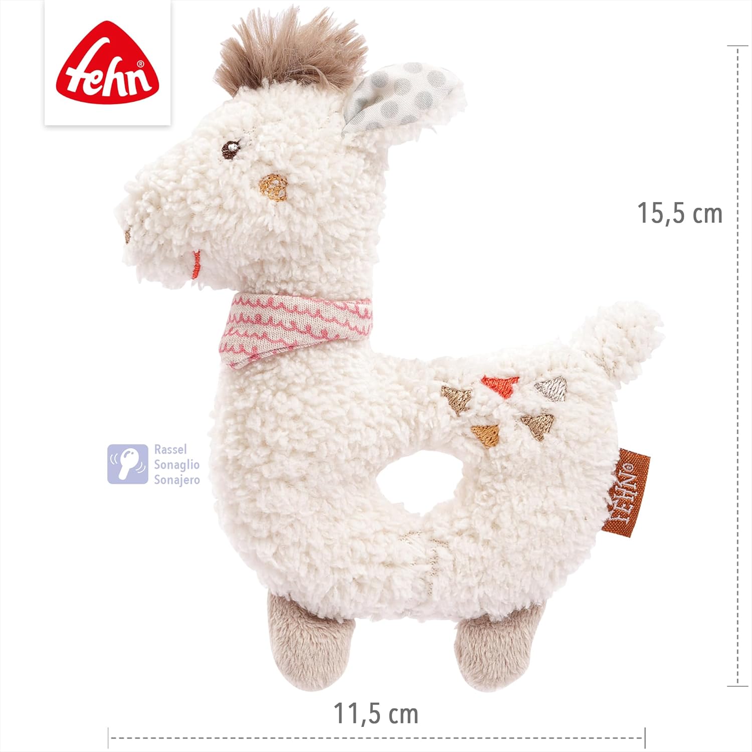 Detalle de Fehn 058154 Ring-Greifling Lama: giocattolo da afferrare con sonaglio per neonati