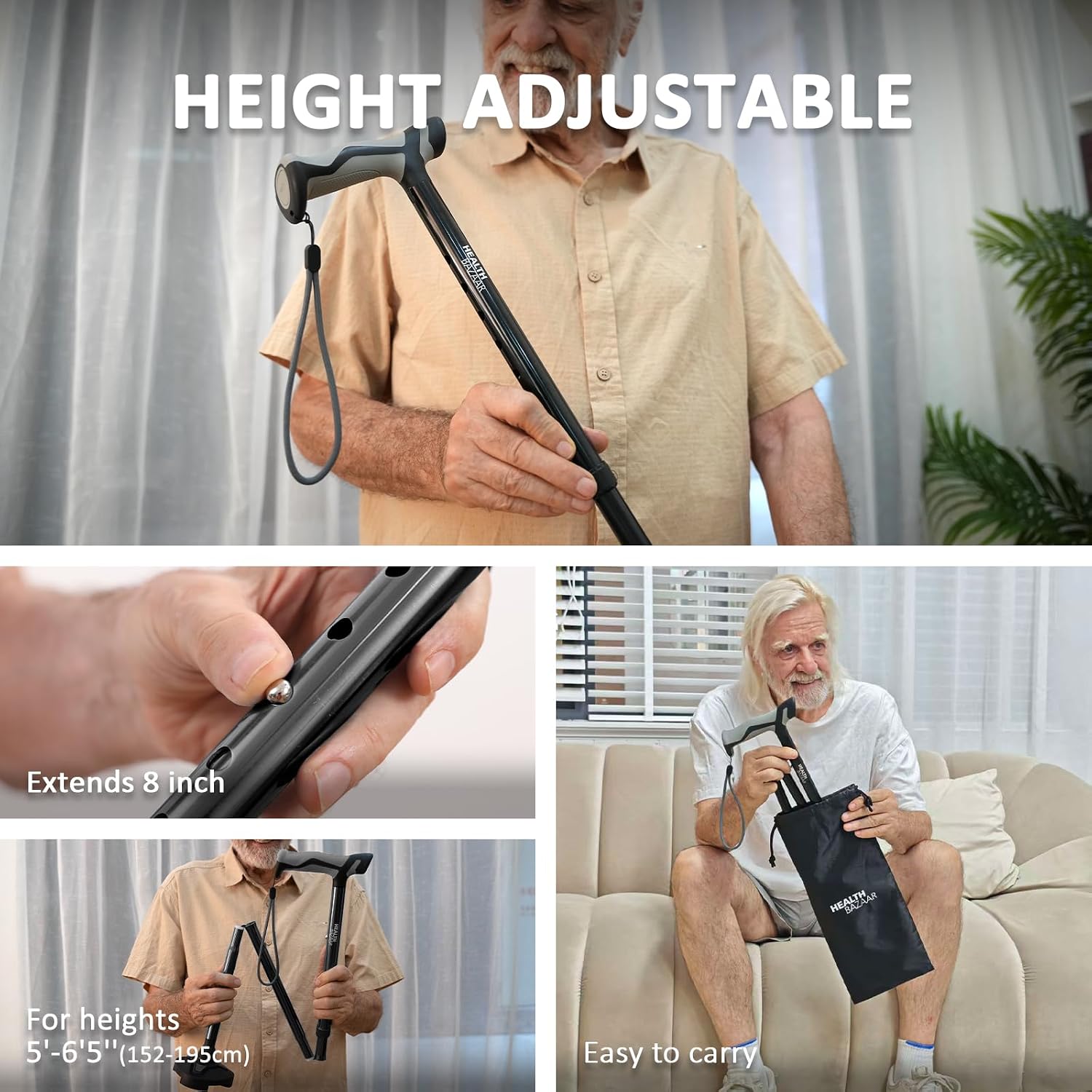 Thumbnail 5 de HEALTHBAZAAR RH1615 TRIGRIP Folding Cane, 8 Height Settings, Pivot Base, Natural Black