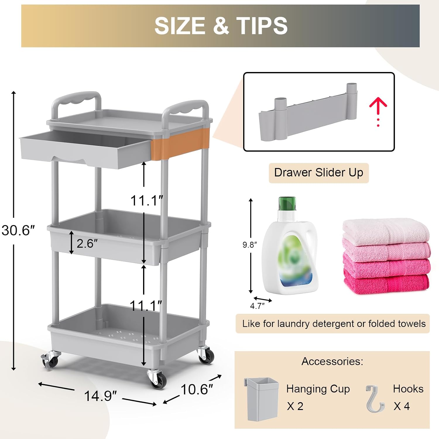 Thumbnail 3 de Goovilla 3 Tier Rolling Utility Cart with Removable Drawer