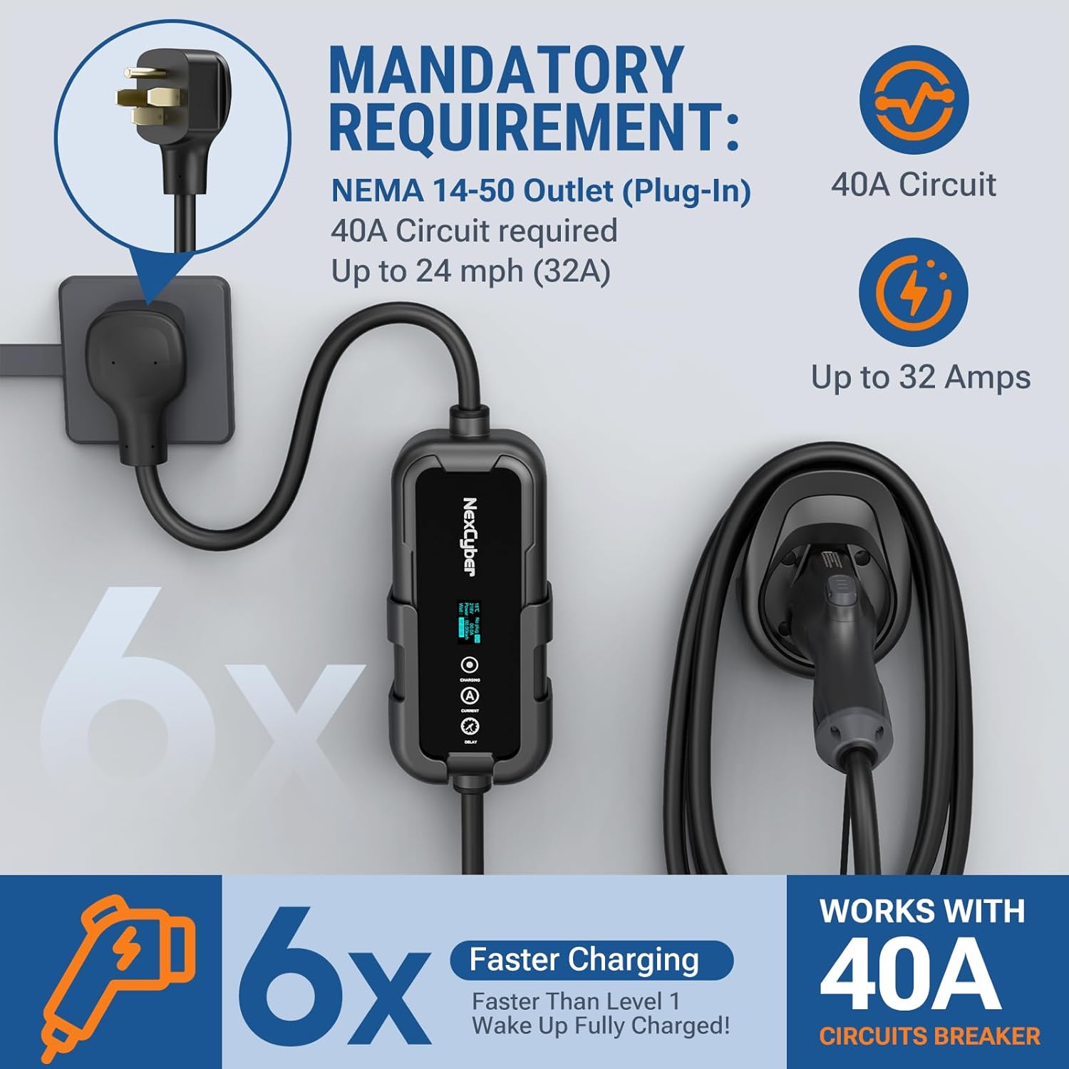 Thumbnail 1 de NexCyber Level 2 EV Charger 32A with WiFi & Plug-Play — 240V, NEMA 14-50P, 25ft Cable (J1772)
