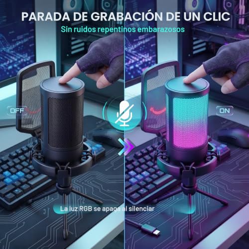 Detalle 2 de FIFINE Gaming Microfono para PC y PS4/PS5 con RGB, Mute rápido y accesorios