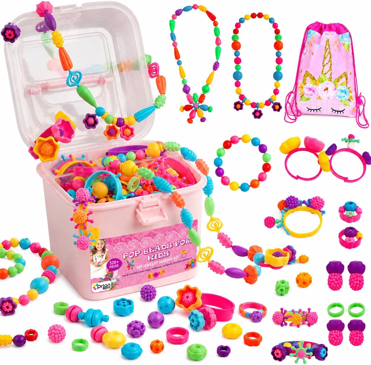Detalle de Orian Pop Beads Jewelry Kit for Girls (520+ Colorful Beads) with Unicorn Bag – DIY Jewelry Set for Ages 3+