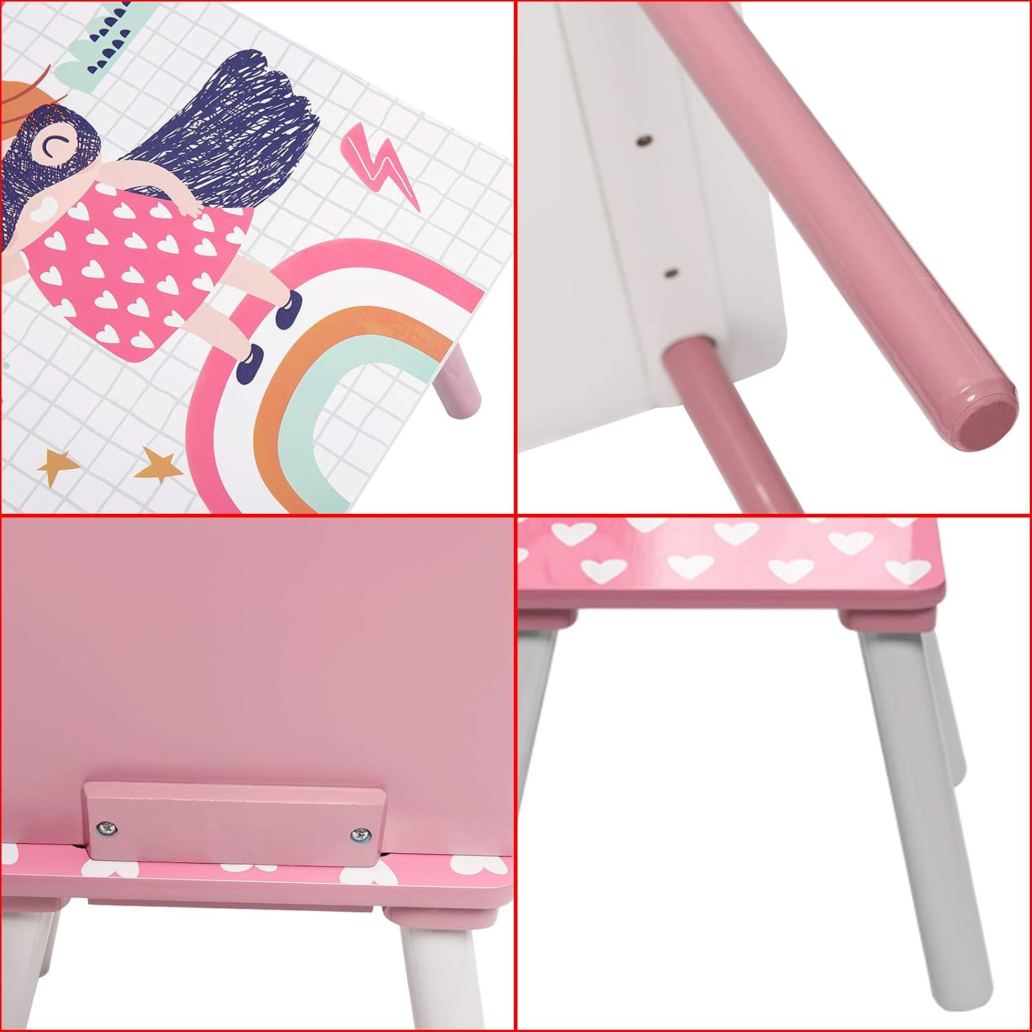 Detalle de EUGAD Kindersitzgruppe 1 Kindertisch + 2 Stühle – Rosa, MDF & Massivholz, 3tlg.