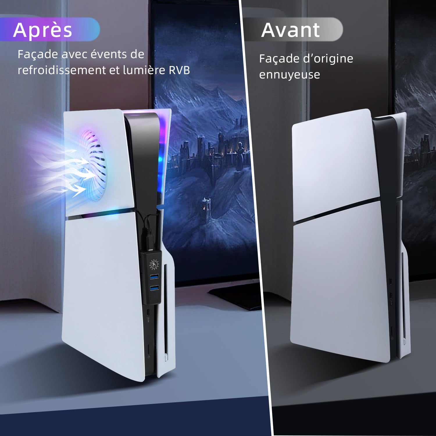 Thumbnail 6 de Kit accessoires LED RGB Mcbazel pour PS5 Slim (disque/numérique) : bande lumineuse, plaque de refroidissement et hub USB 2 ports, blanc