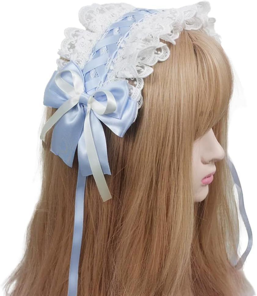 Detalle de クリップ付きレースアップヘッドドレス ブルー レース・リボン装飾 31cm×12.5cm