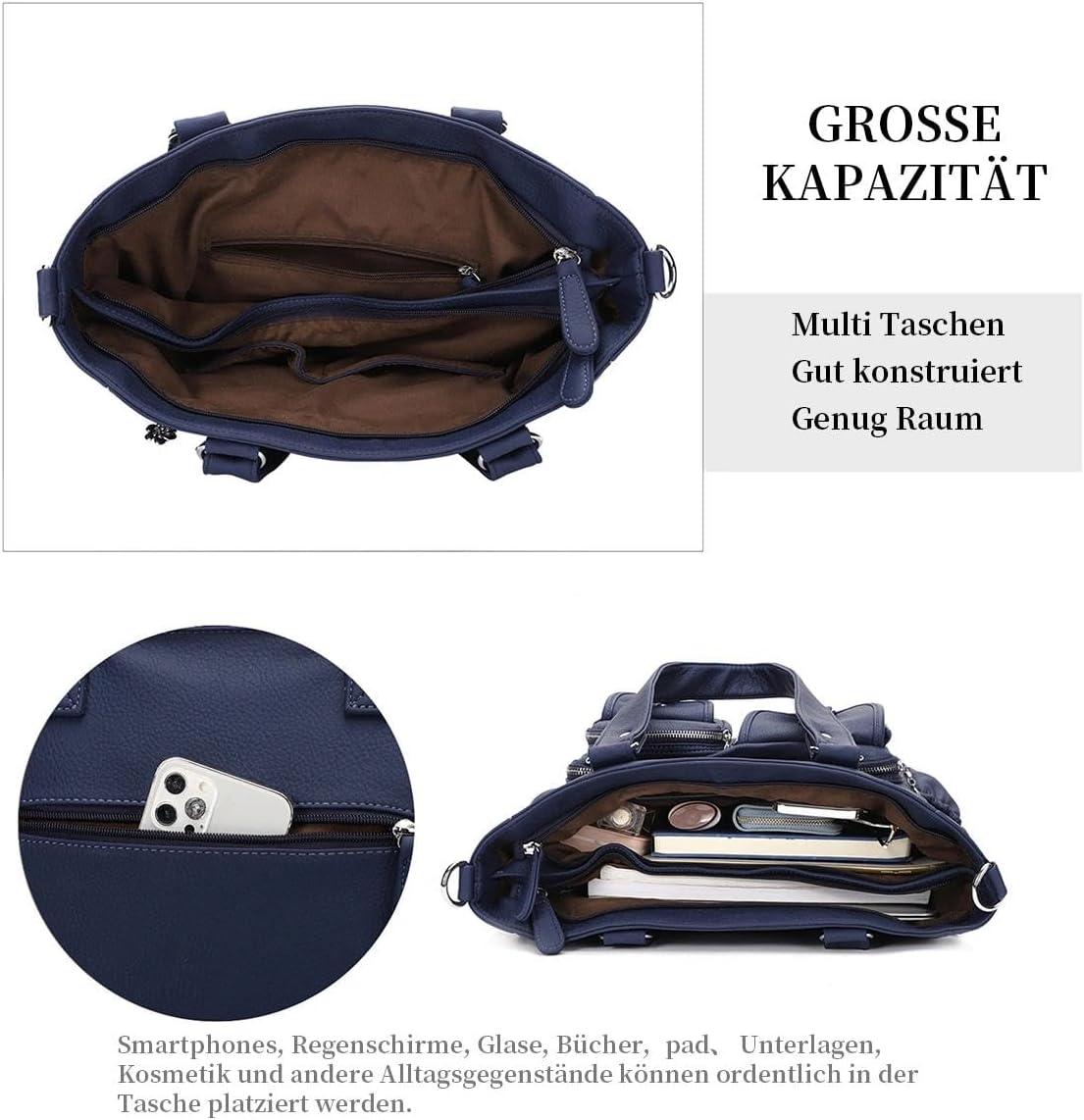 Detalle 1 de KL928 Handtasche Damen Umhängetasche Schultertasche mit vielen Fächern – Kaffee