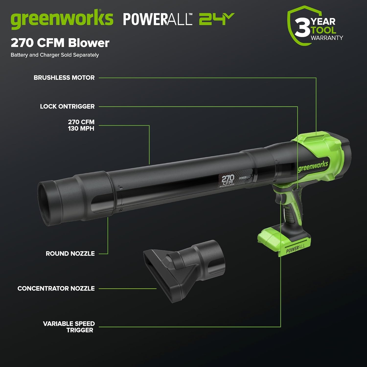 Thumbnail 1 de Greenworks 24V soffiatore a batteria 209 km/h con velocità variabile e blocco (senza batteria) BLH22SA1