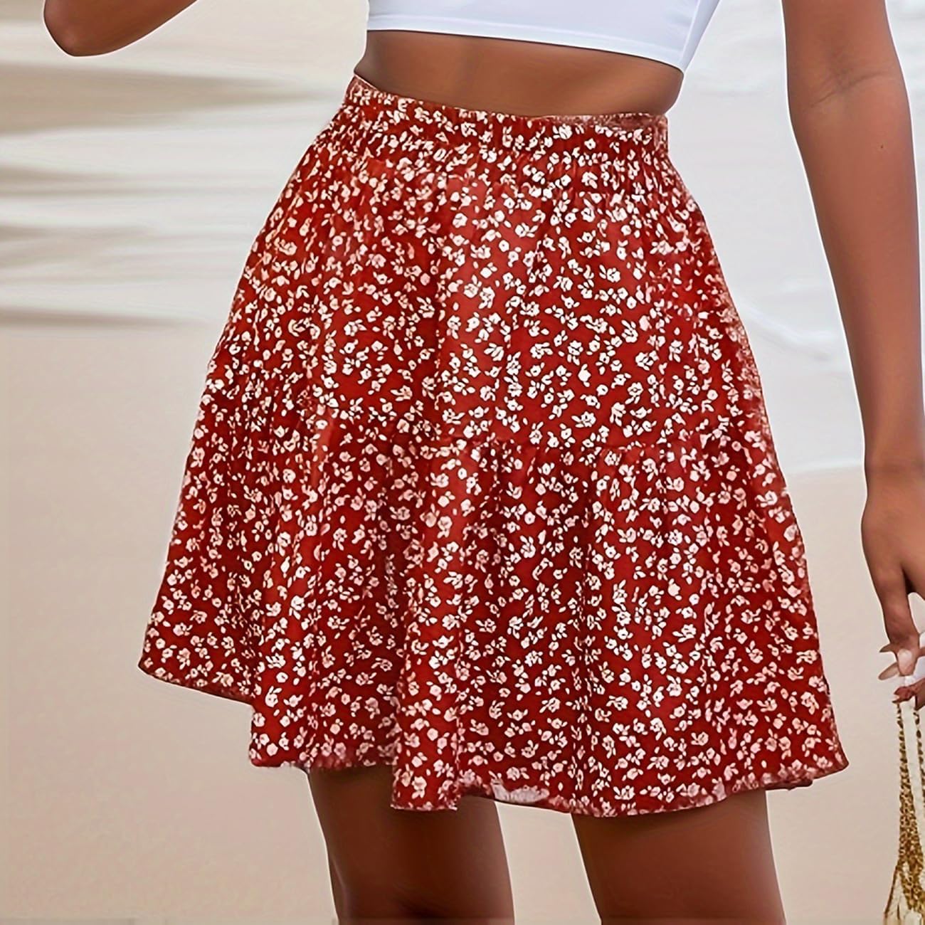 Detalle de Vcindai Damen Sommer Rock – Blumenmuster, A-Linien, elastischer Bund