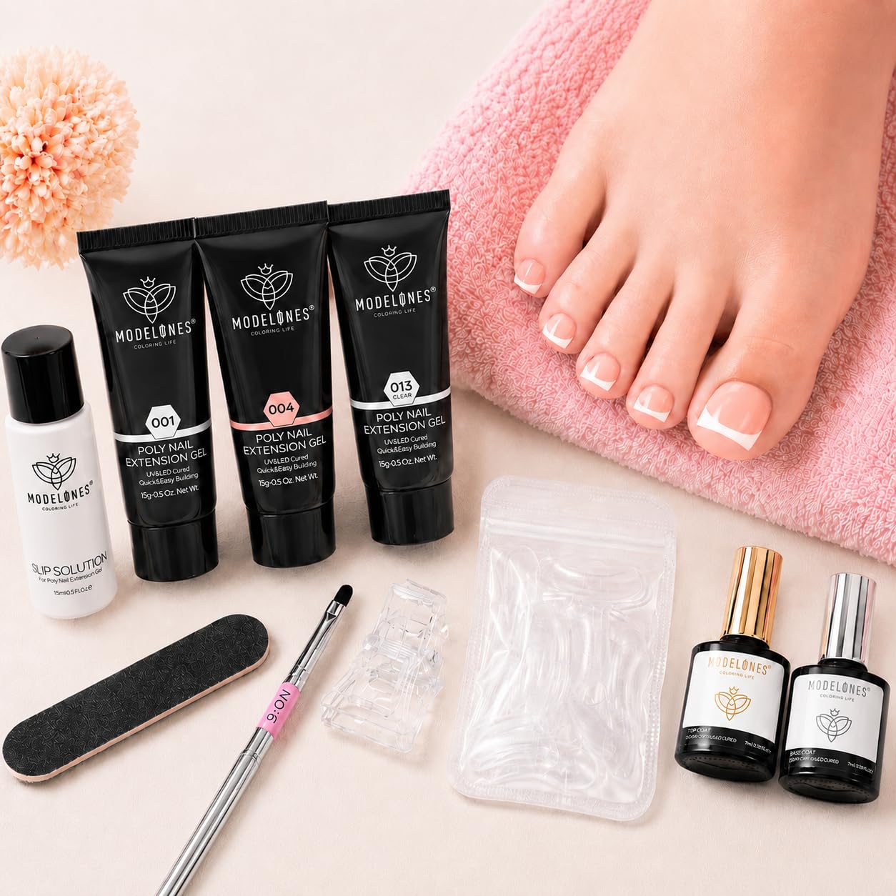 Detalle de Modelones Poly Gel Nail Kit: 3 Colors Clear, White & Apricot with Slip Solution and Dual Nail Forms