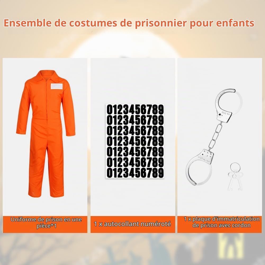 Detalle 2 de BSBUY 5133619 gevangenenkostuum voor kinderen, oranje overall met handboeien
