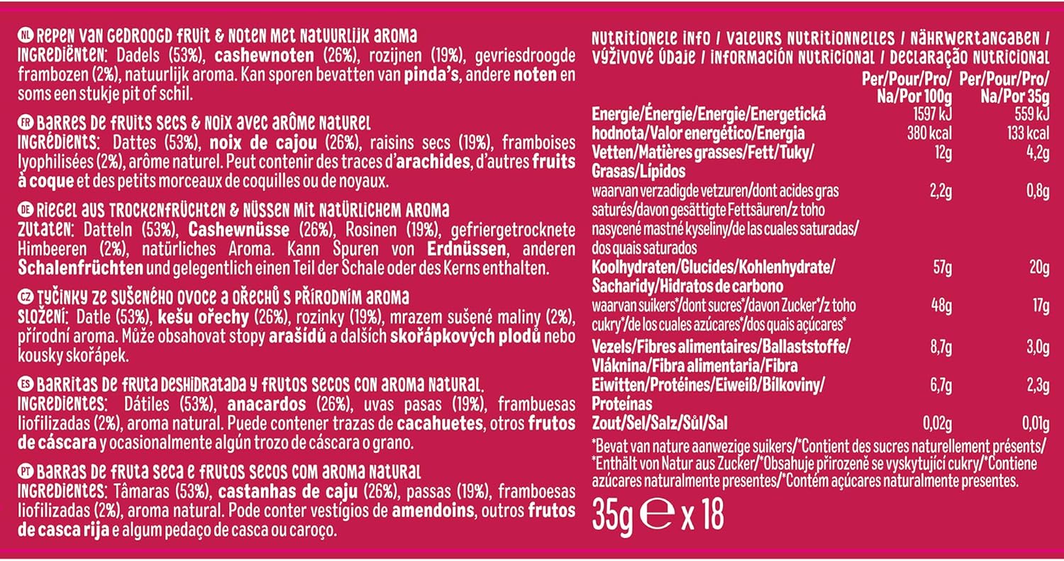 Detalle de Nākd. Framboises — Barres de fruits et noix crues, sans sucre ajouté, vegan, 18 x 35 g (630 g)