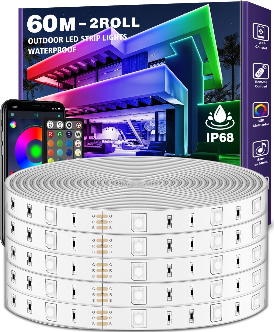 Detalle de LETIANPAI Outdoor LED-Strip (60 m/200 ft), IP68, mit App & Fernbedienung, Musik-Sync RGB