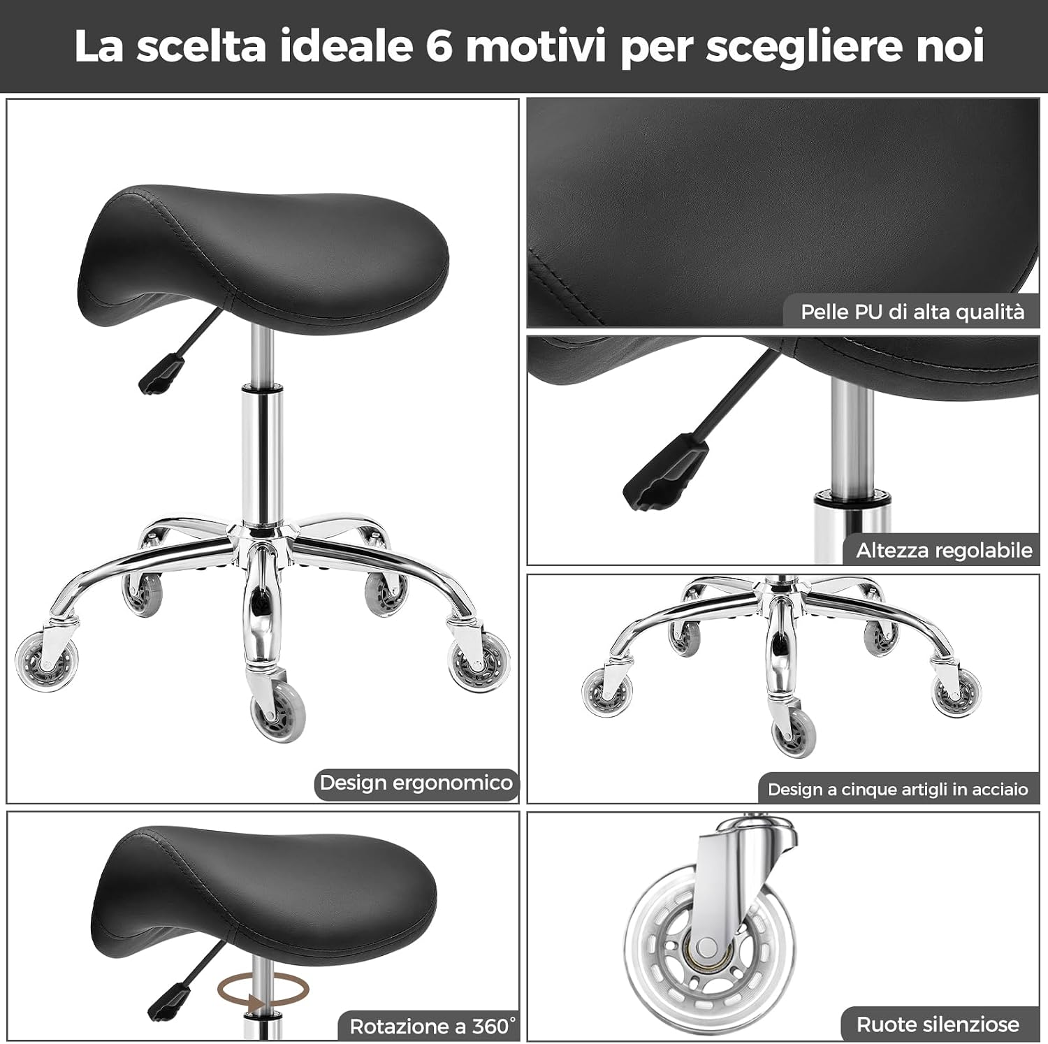 Thumbnail 6 de BEWISHOME Sgabello a Sella Ergonomico con Ruote – Regolazione idraulica 55–68 cm, seduta ampia in PU e capacità 200 kg