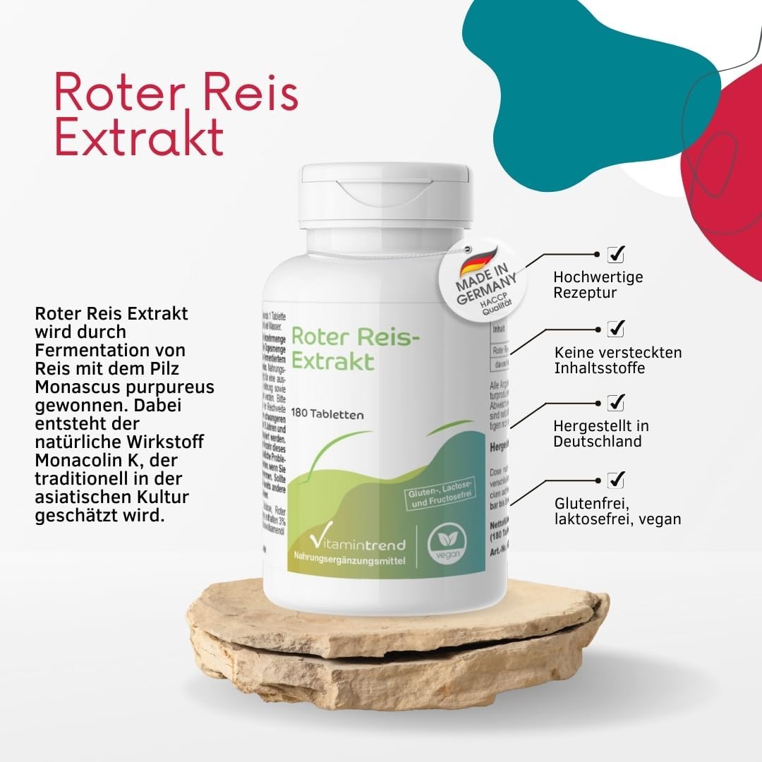 Thumbnail 1 de Vitamintrend Roter Reis Extrakt 150 mg, 180 Tabletten – schluckfreundlich, Monacolin K 2,95 mg pro Tablette, vegan und in Deutschland hergestellt