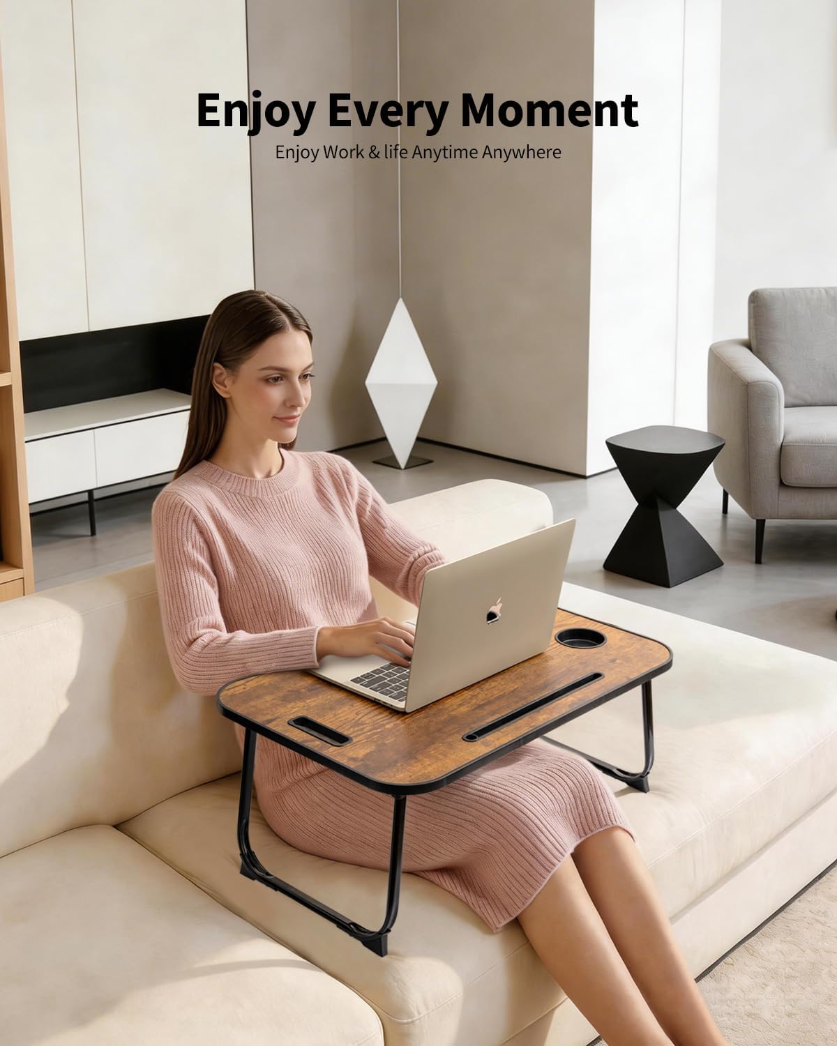 Detalle de Ruxury RL2 Folding Lap Desk, Brown Wood Table with Cup Holder