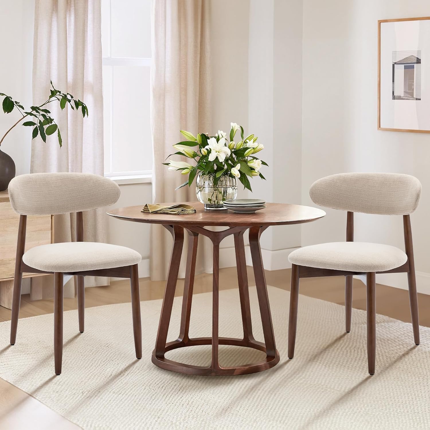 Detalle de COLAMY Küchenstuhl 2er Set – Moderner Polsterstuhl mit fester Rückenlehne, Beige, Holzbein